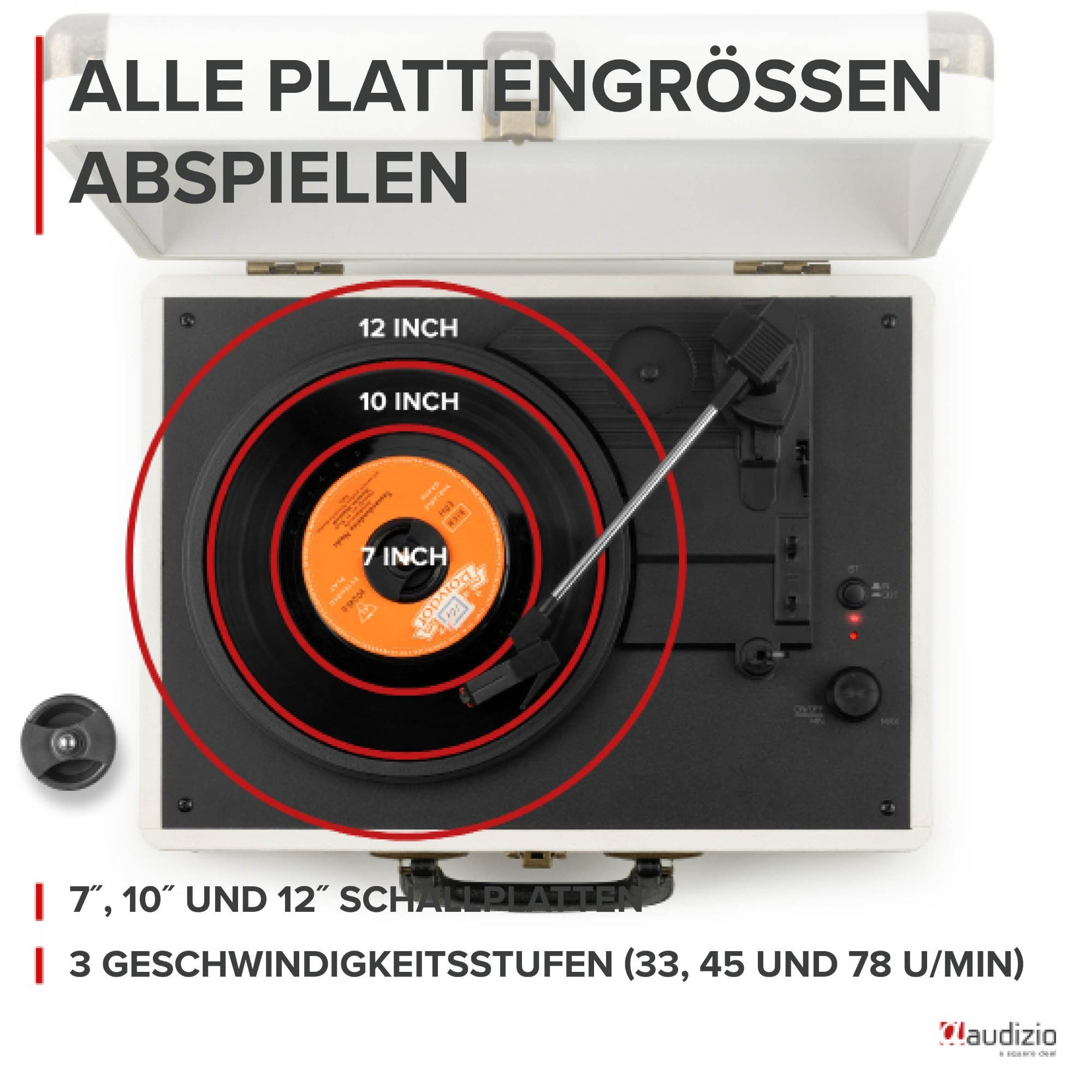 Ein Plattenspieler spielt eine 7-Zoll-Schallplatte ab und zeigt 12, 10, 7 Zoll Größen.