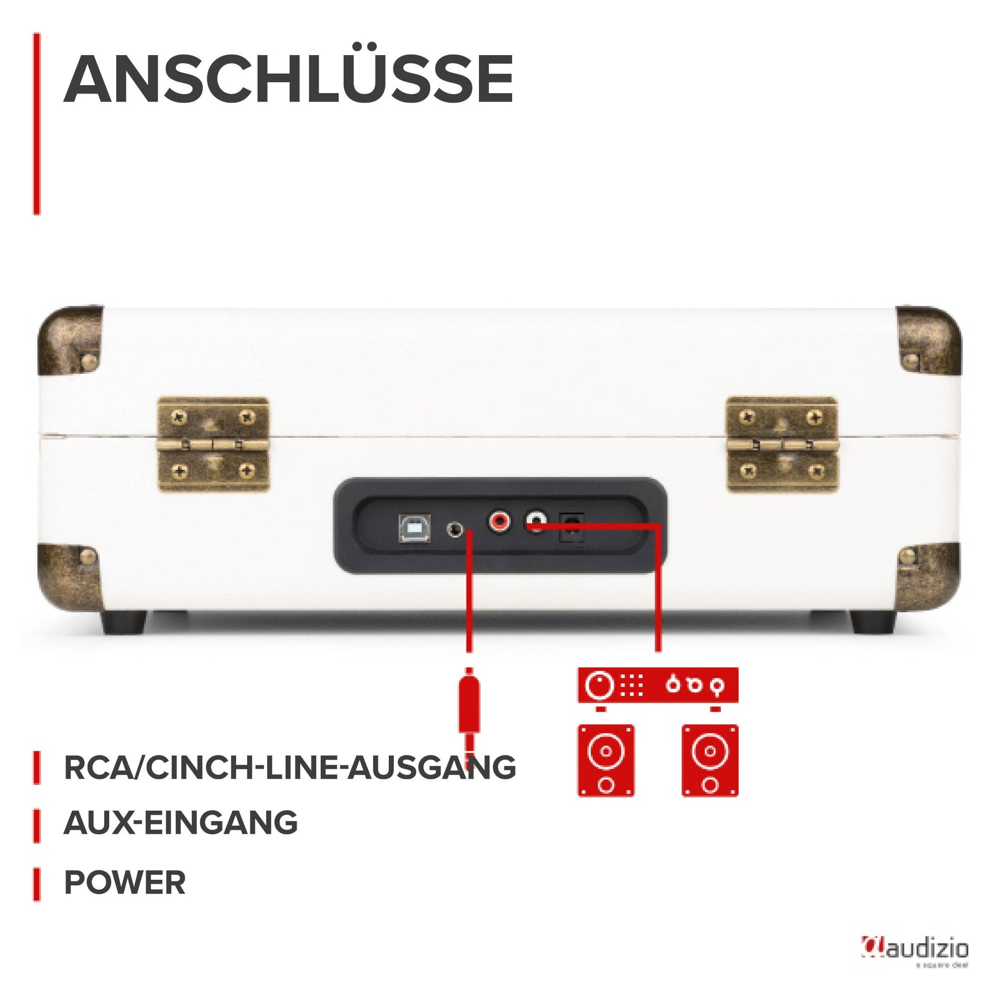 Anschlüsse: USB, Aux, RCA-Ausgang, Stromversorgung. Rote Kabel verbinden.