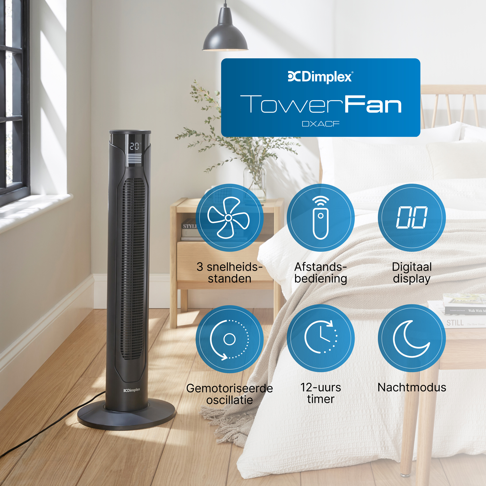 Een zwarte torenventilator met digitaal display en iconen voor 3 snelheden, afstandsbediening.