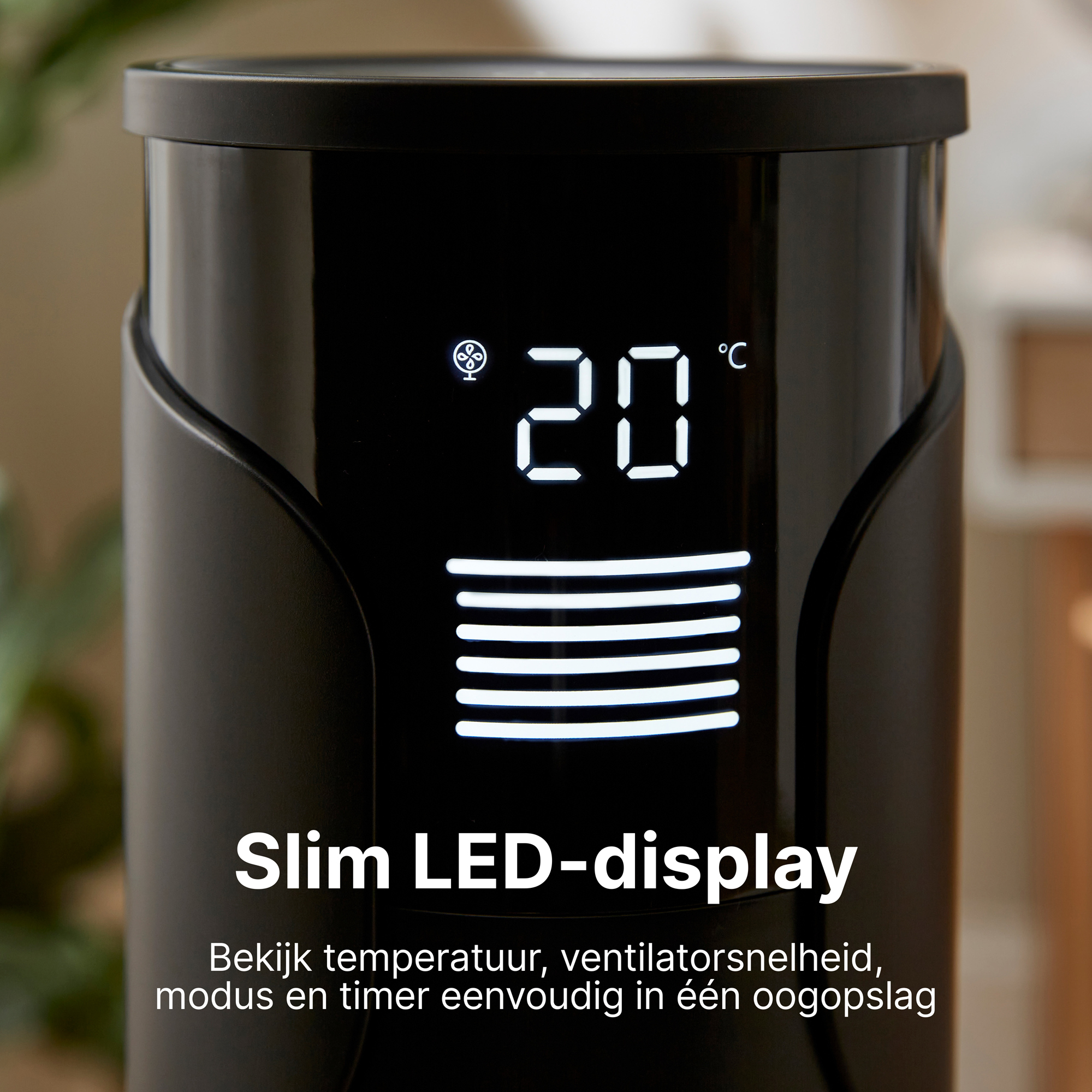 Zwarte toren met LED-display, 20°C en een ventilatoricoon.