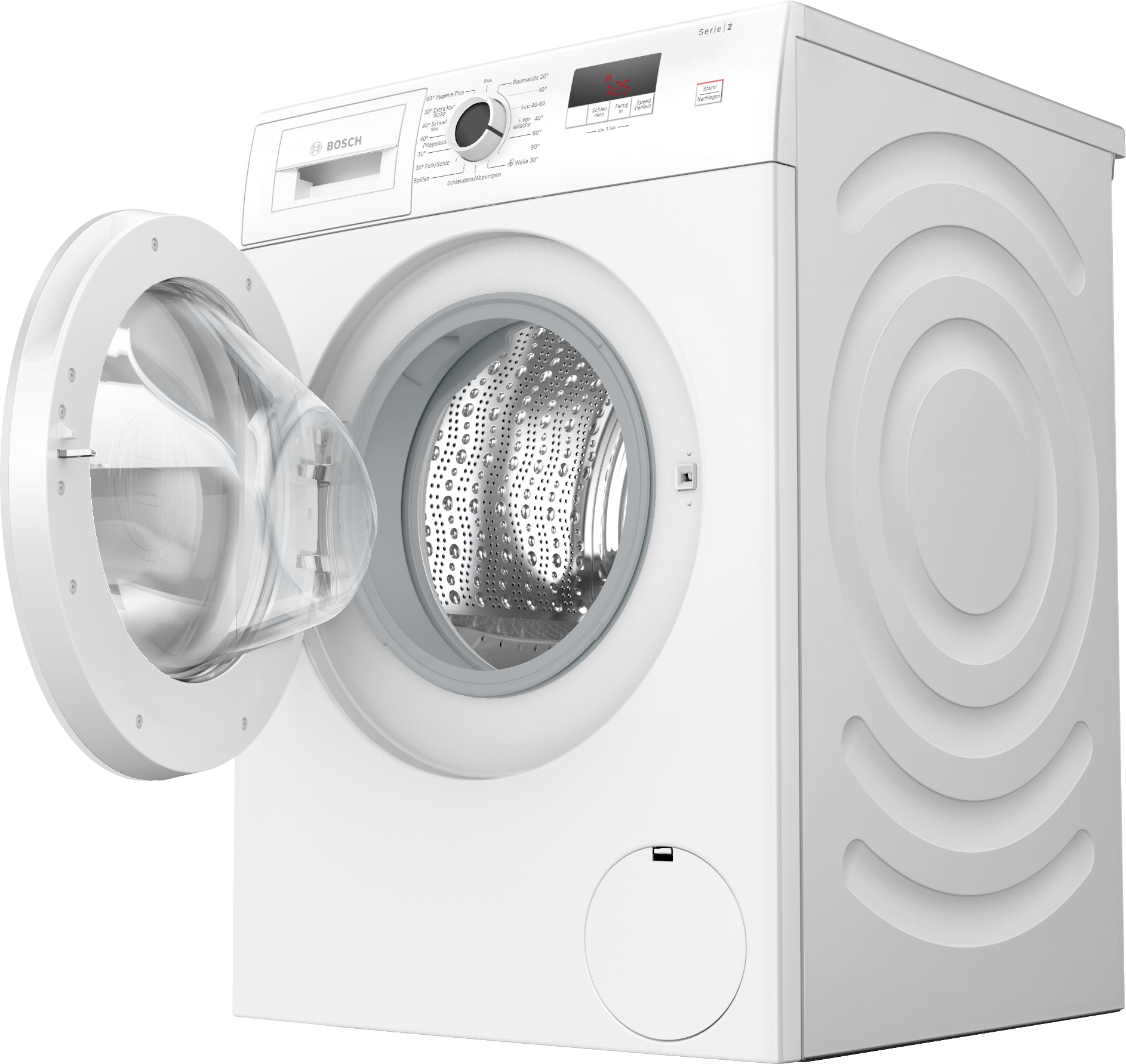 Eine weiße Bosch Waschmaschine mit offener Tür und Trommel.