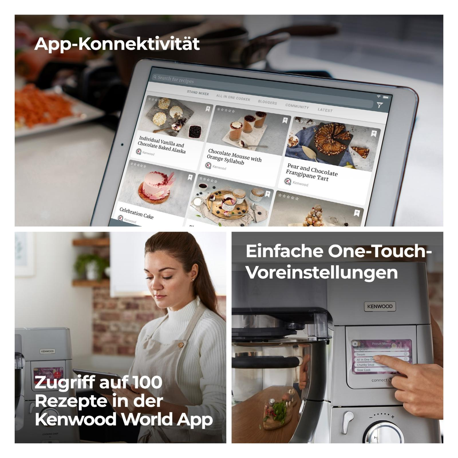 App-Konnektivität mit Rezepten und Kochmodi auf einem Tablet und einer Küchenmaschine.