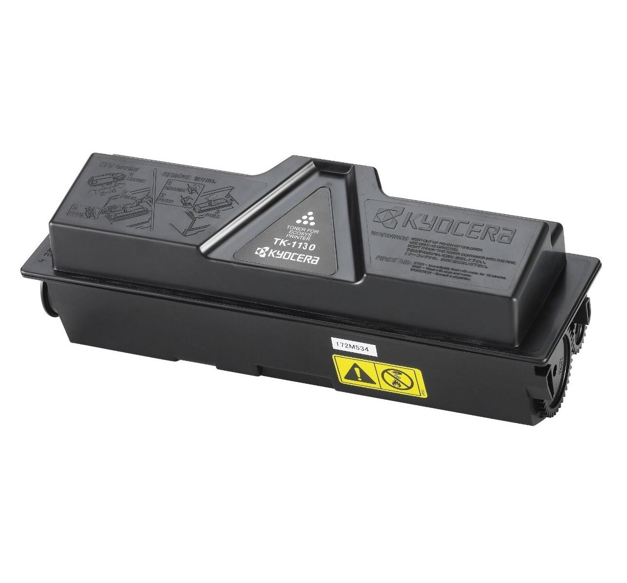 Cartuccia toner nera Kyocera TK-1130 con simboli di avvertenza e istruzioni.