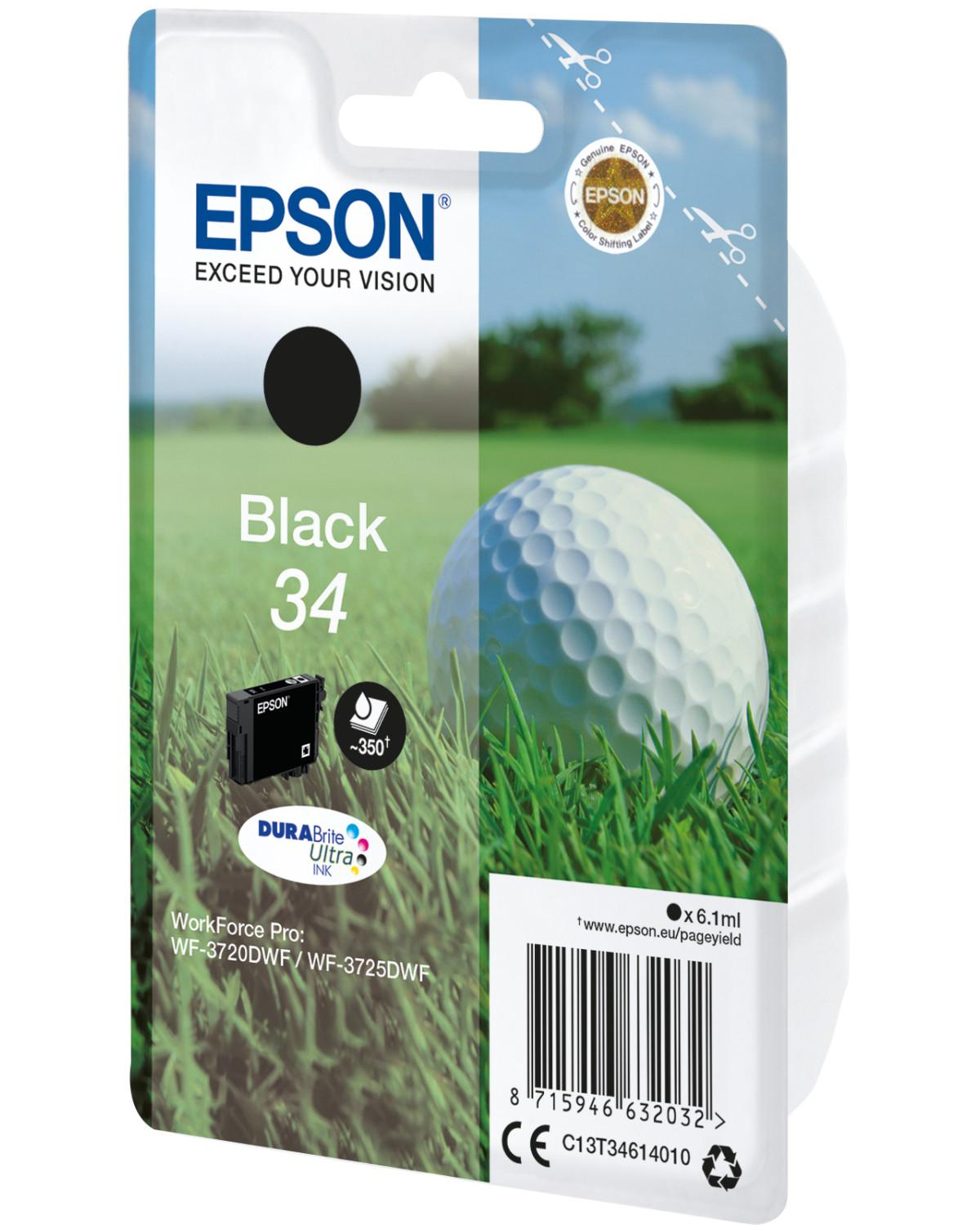 Cartouche d'encre Epson Noir 34 avec balle de golf et herbe sur emballage.