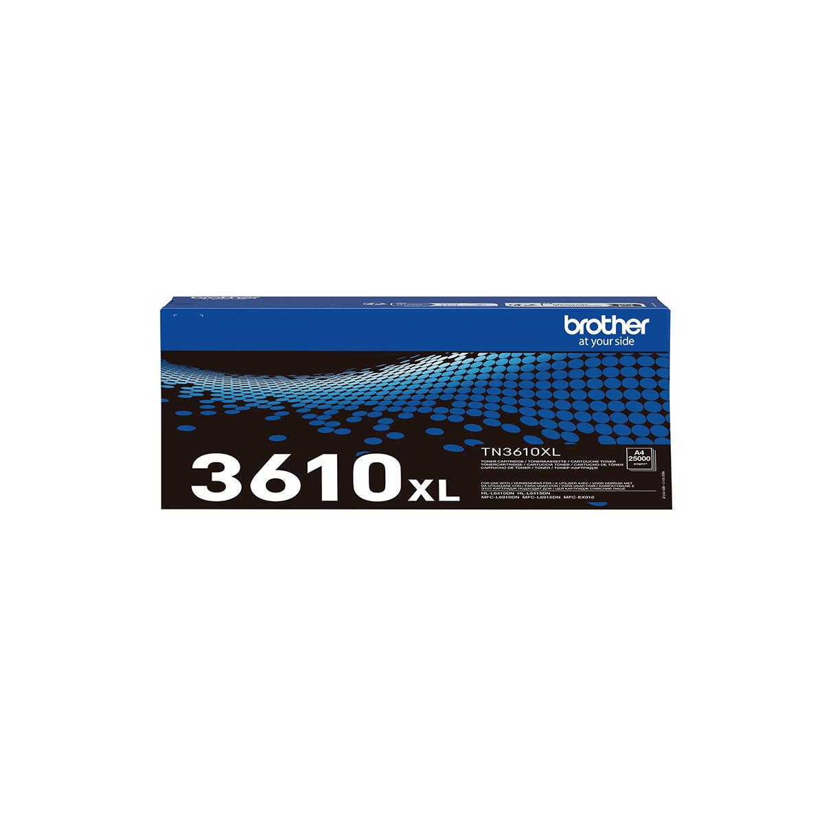 Cartouche de toner Brother TN3610XL avec 25000 pages sur boîte bleue.