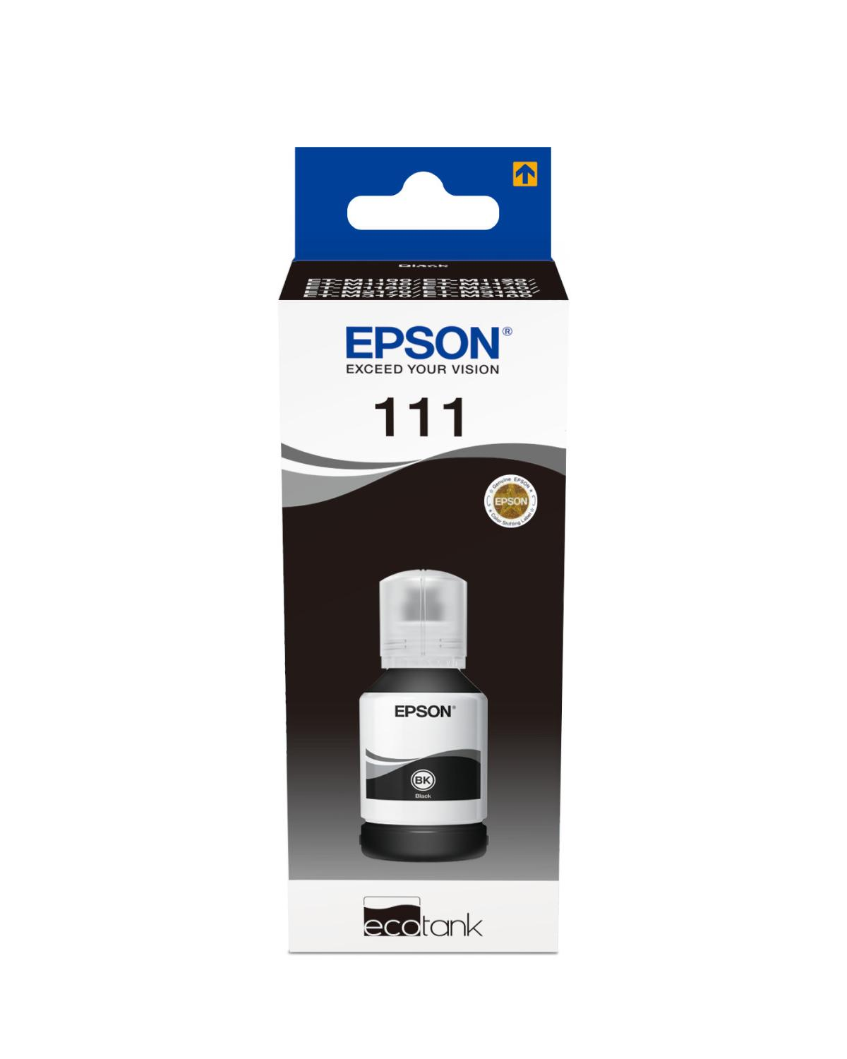 Opakowanie czarnego tuszu Epson 111 z butelką w środku na białym tle.