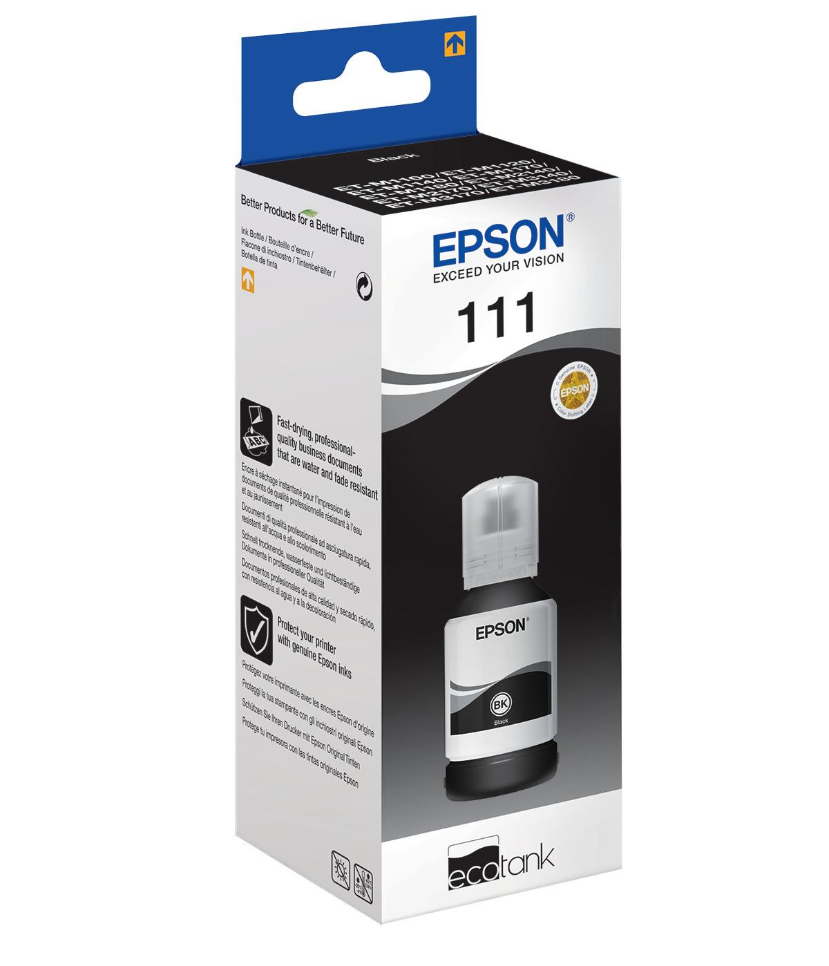 Butelka z czarnym tuszem Epson 111, szybkoschnący, wodoodporny i odporny na blaknięcie.