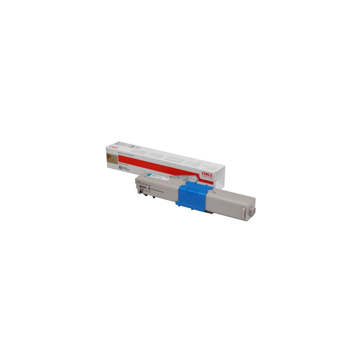 OKI tonercartridge in grijs en blauw met verpakking, op witte achtergrond.