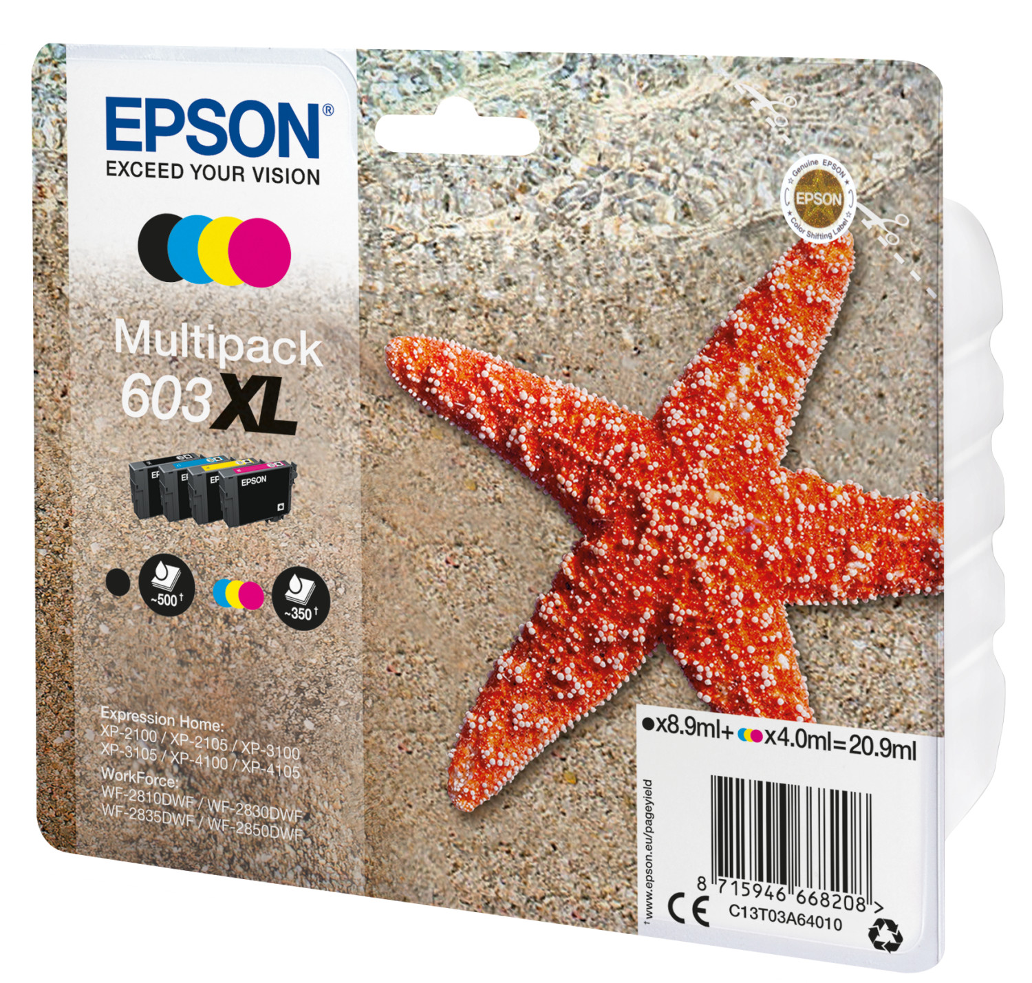 Epson 603XL multipack inktcartridges op zandige achtergrond met zeester.