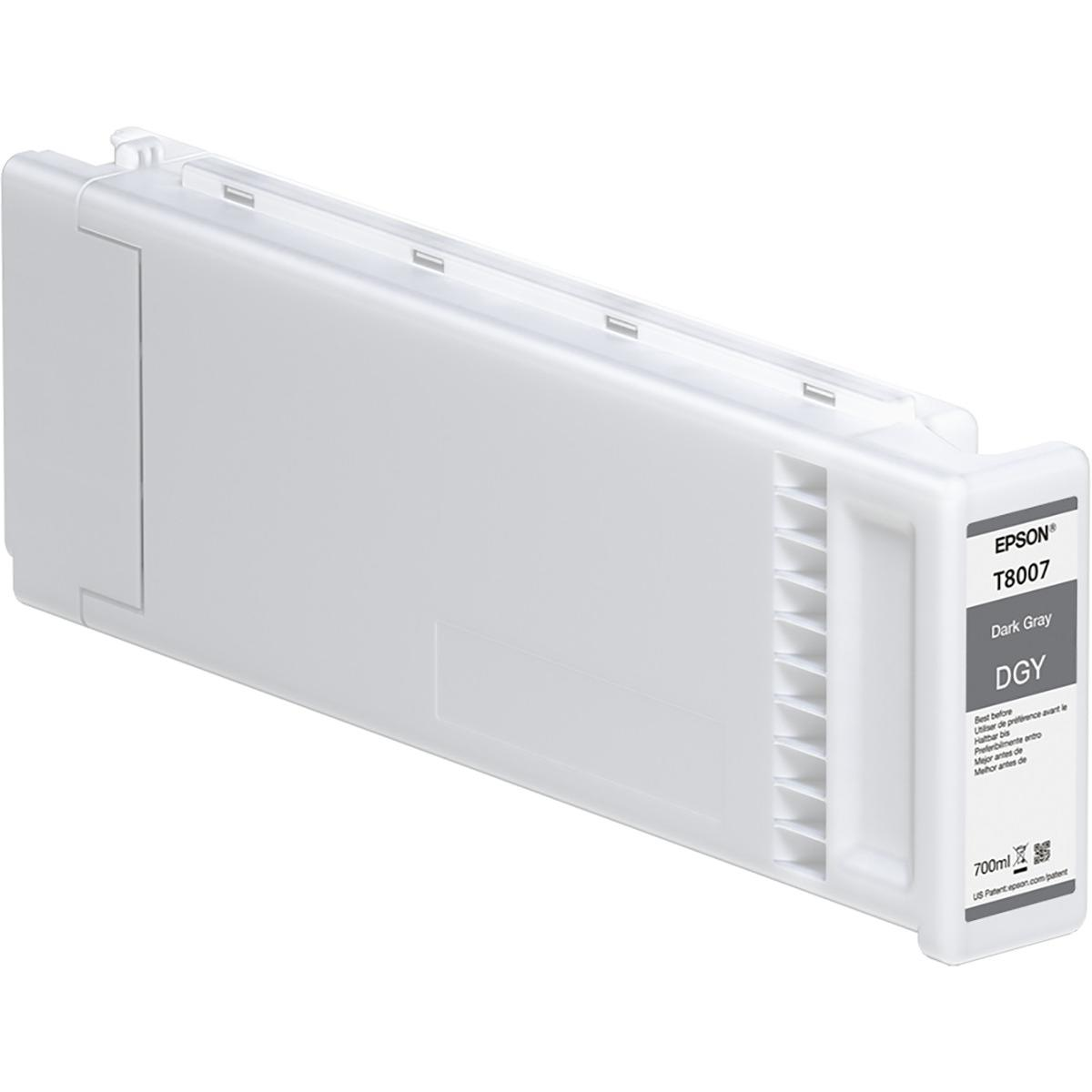 Una cartuccia d'inchiostro Epson T8007 grigio scuro, rettangolare, etichettata Dark Gray.