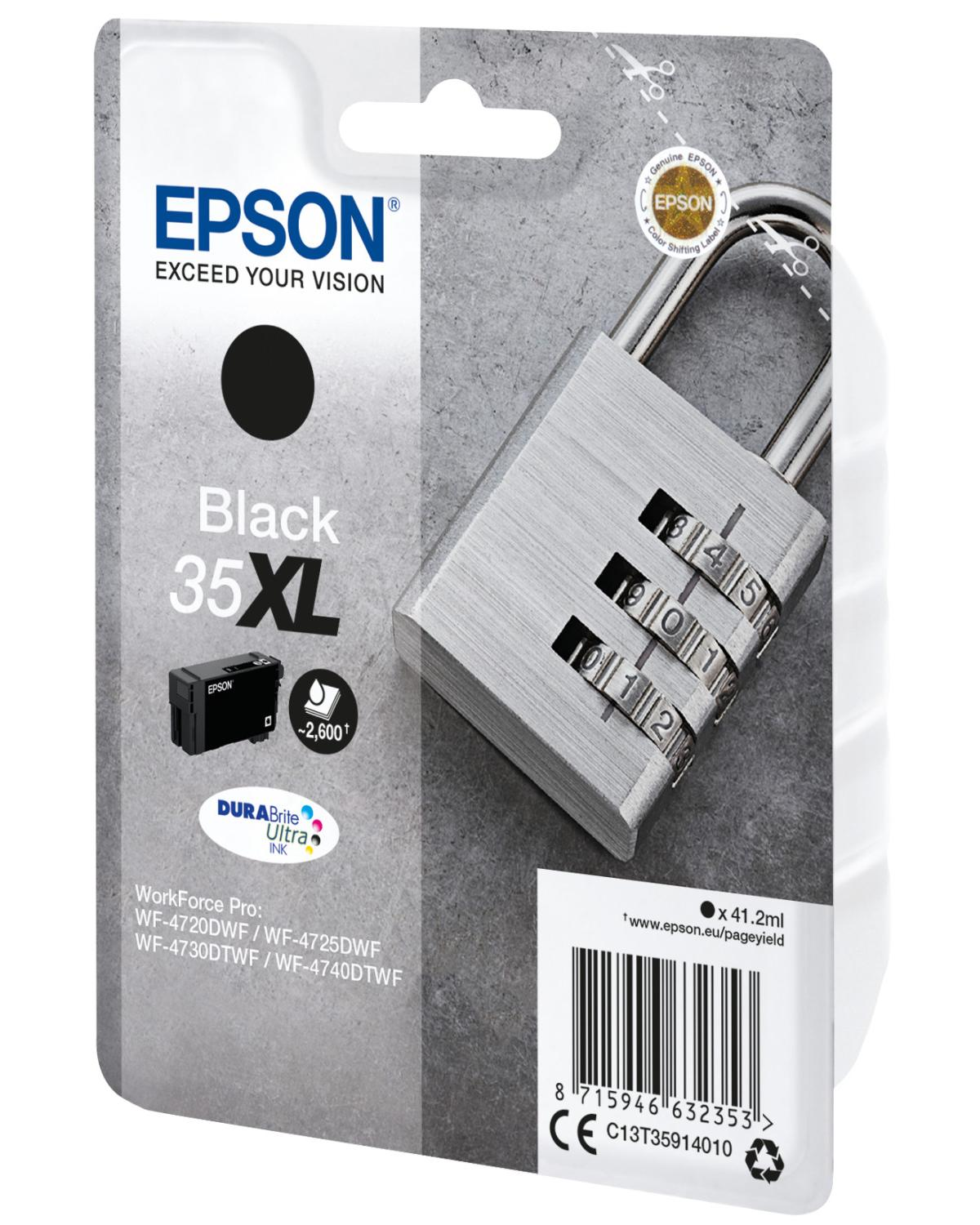 Embalaje de cartucho de tinta Epson Black 35XL con candado.