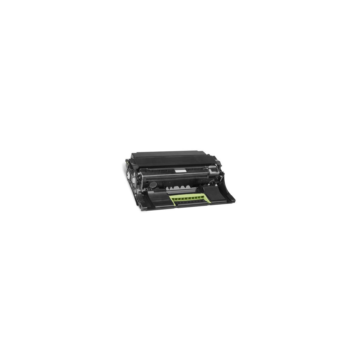 Ein schwarzer Laserdrucker-Toner mit geöffneter Klappe und grünem Hebel.