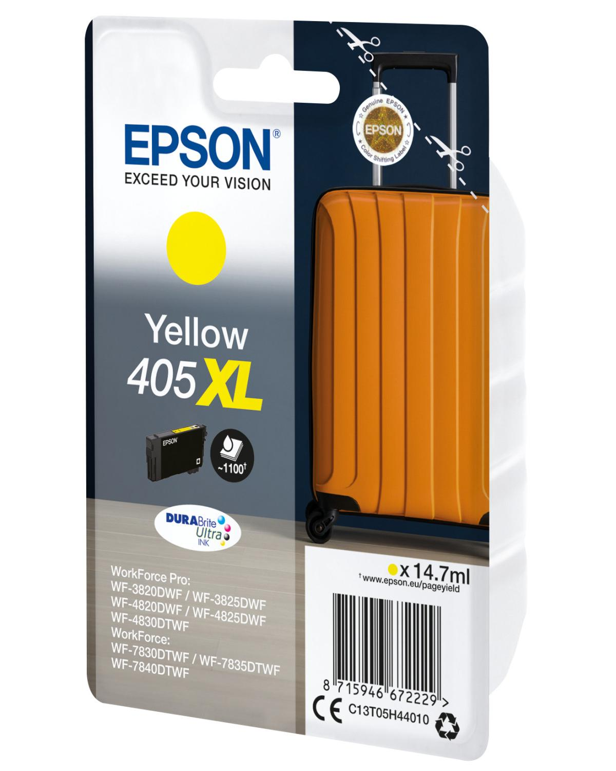 Cartuccia d'inchiostro Epson 405XL gialla con confezione a valigia arancione.