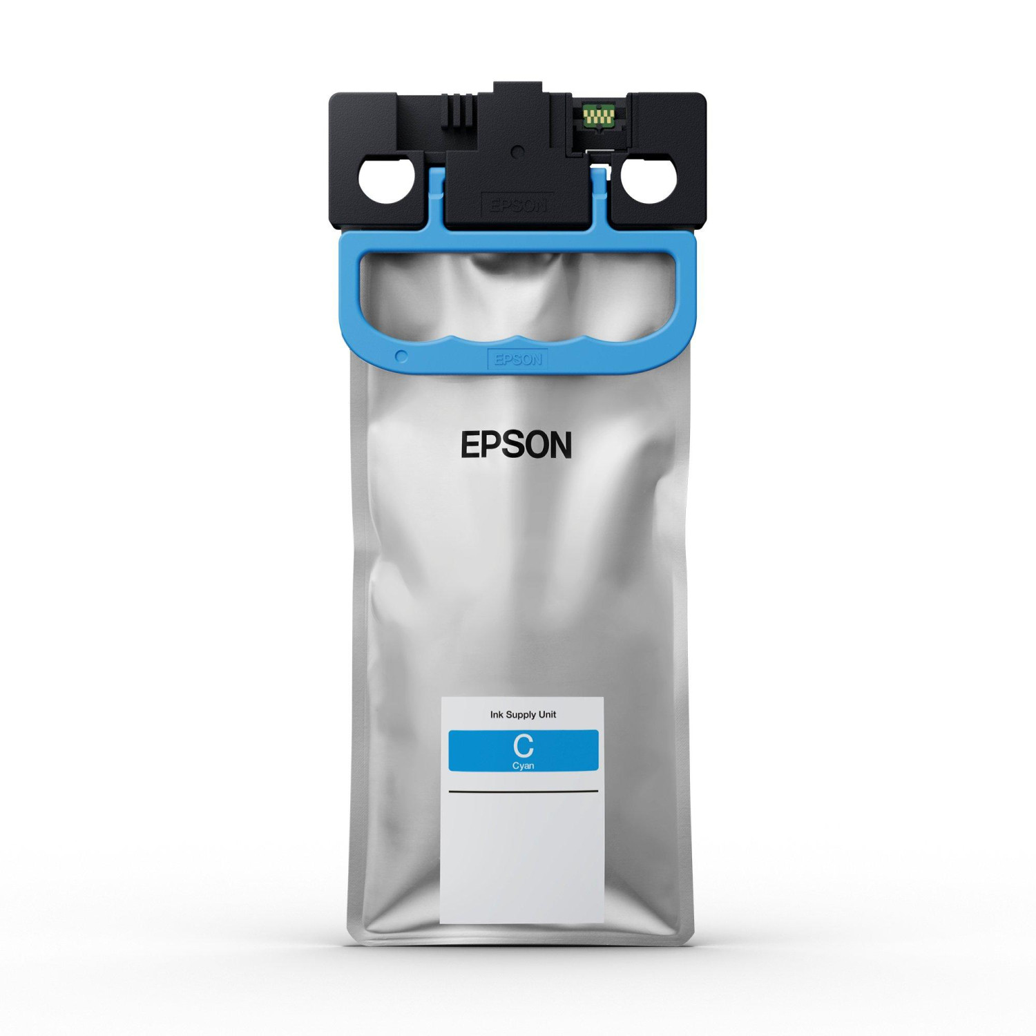 Unidad de suministro de tinta Epson Cyan con asa azul y tapa negra.