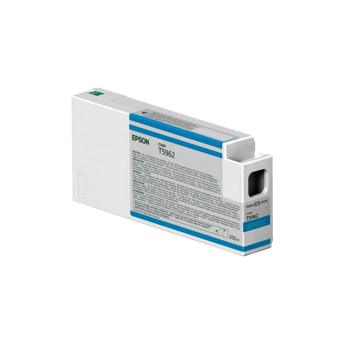 Una cartuccia d'inchiostro Epson T5962 ciano da 350ml, su sfondo bianco.