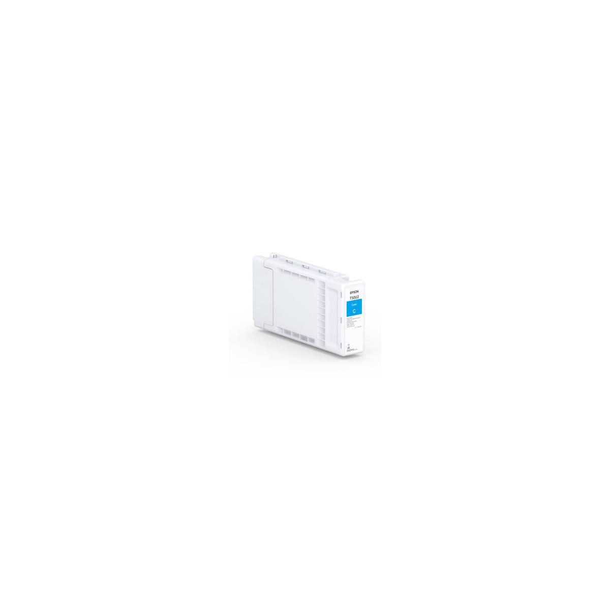 Eine weiße Tintenpatrone mit einem blauen Etikett, das die Aufschrift "EPSON T5032 Cyan" trägt.