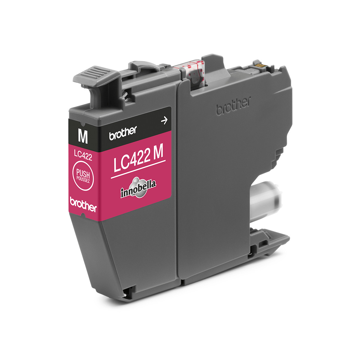 Cartucho de tinta gris con etiqueta rosa, modelo LC422 M.
