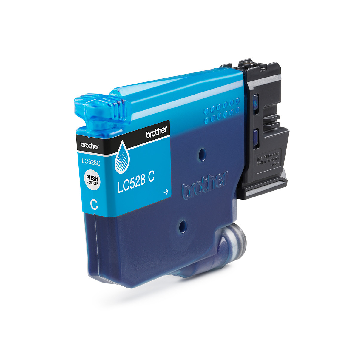 Una cartuccia d'inchiostro Brother LC528C blu con connettore nero su sfondo bianco.