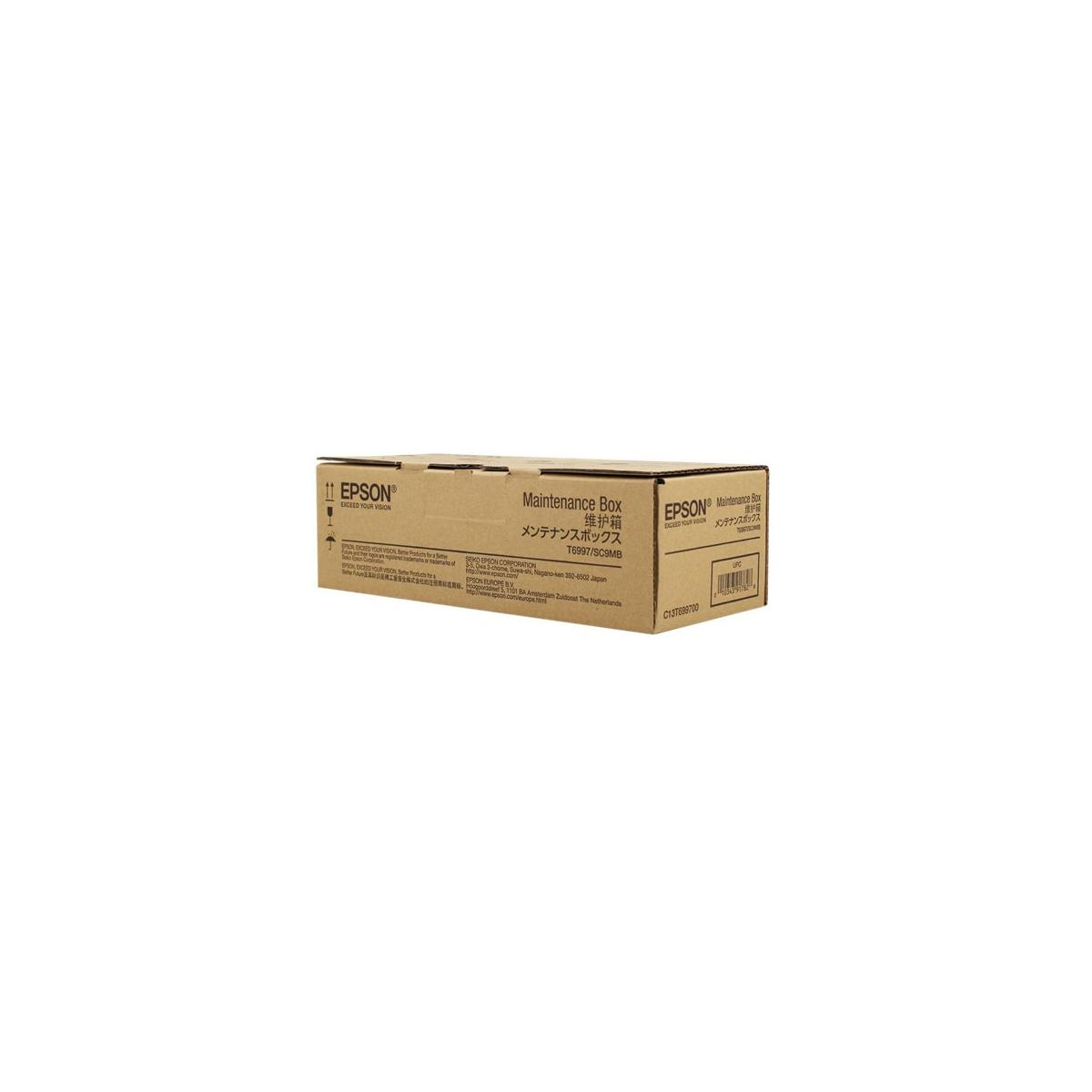 Caja de mantenimiento Epson T6997/SC9MB en cartón con código de barras.