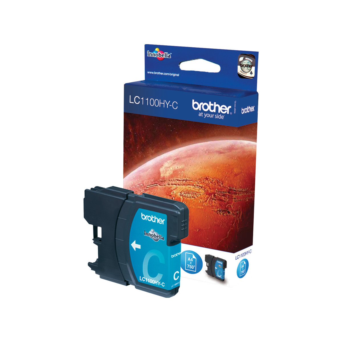 Una scatola blu di cartucce d'inchiostro Brother LC1100HY-C con una cartuccia davanti.