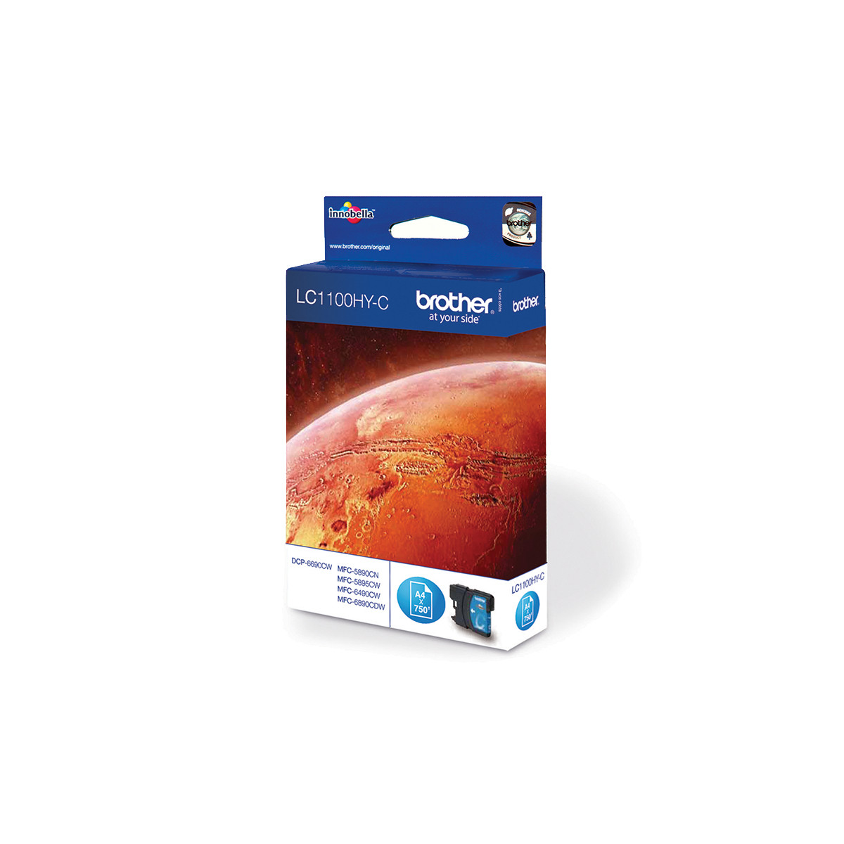 Cartuccia d'inchiostro Brother LC1100HY-C con immagine di Marte sulla scatola.