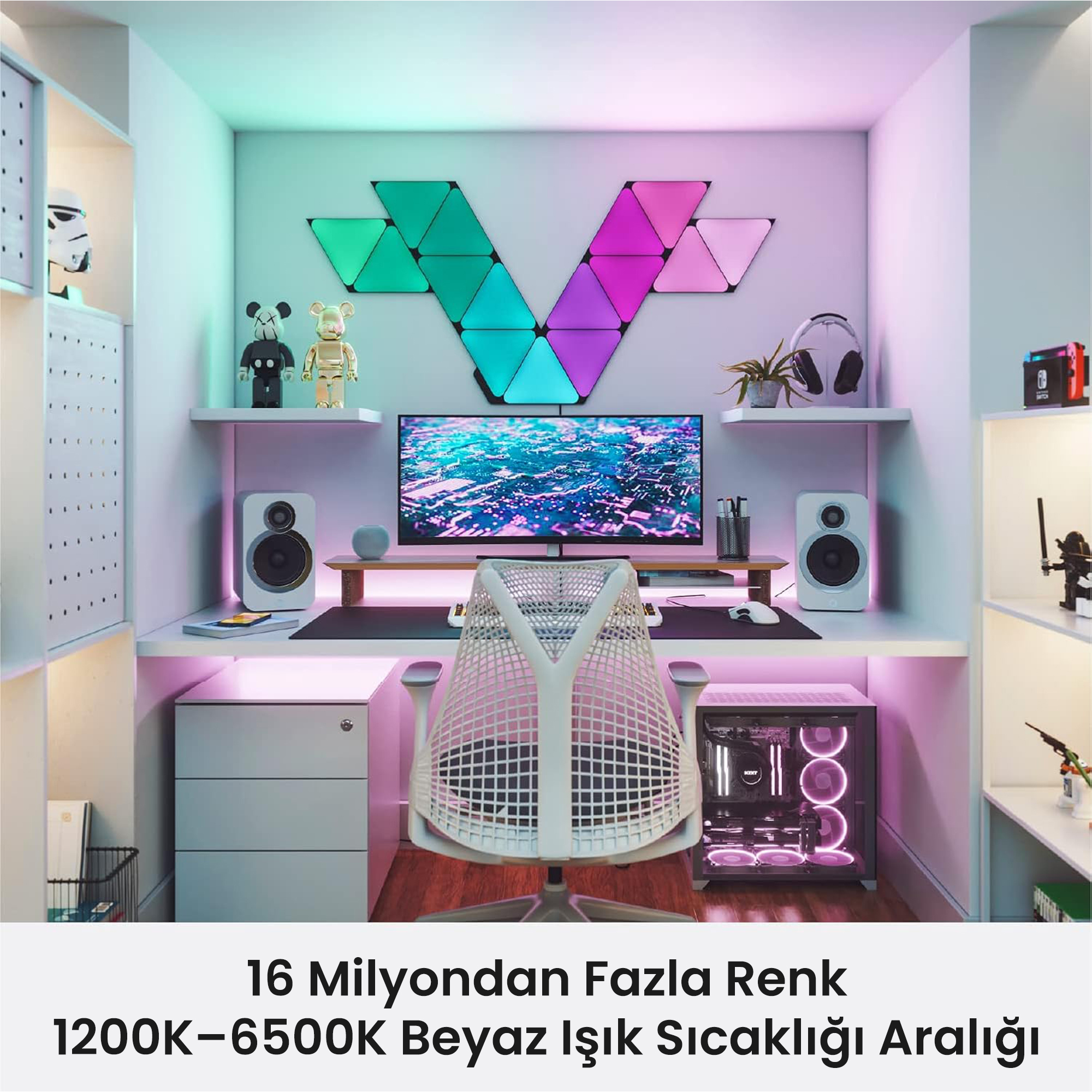 RGB aydınlatmalı oyun kurulumu, PC, monitör, hoparlörler ve sandalye.