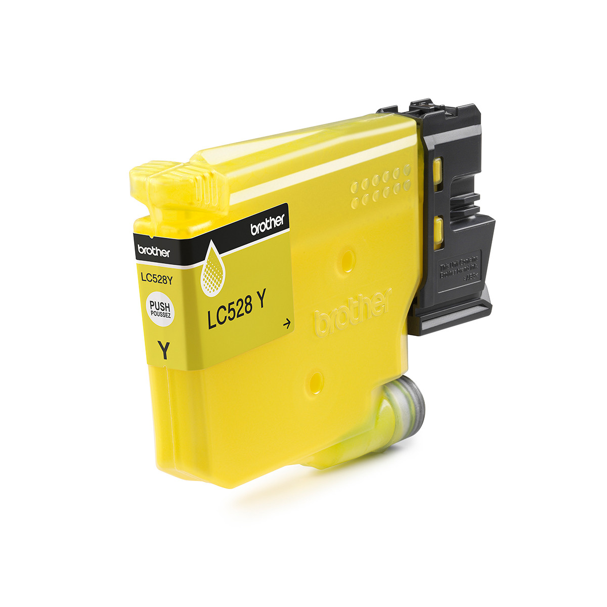 Cartuccia d'inchiostro Brother LC528Y gialla con clip ed etichetta nere.
