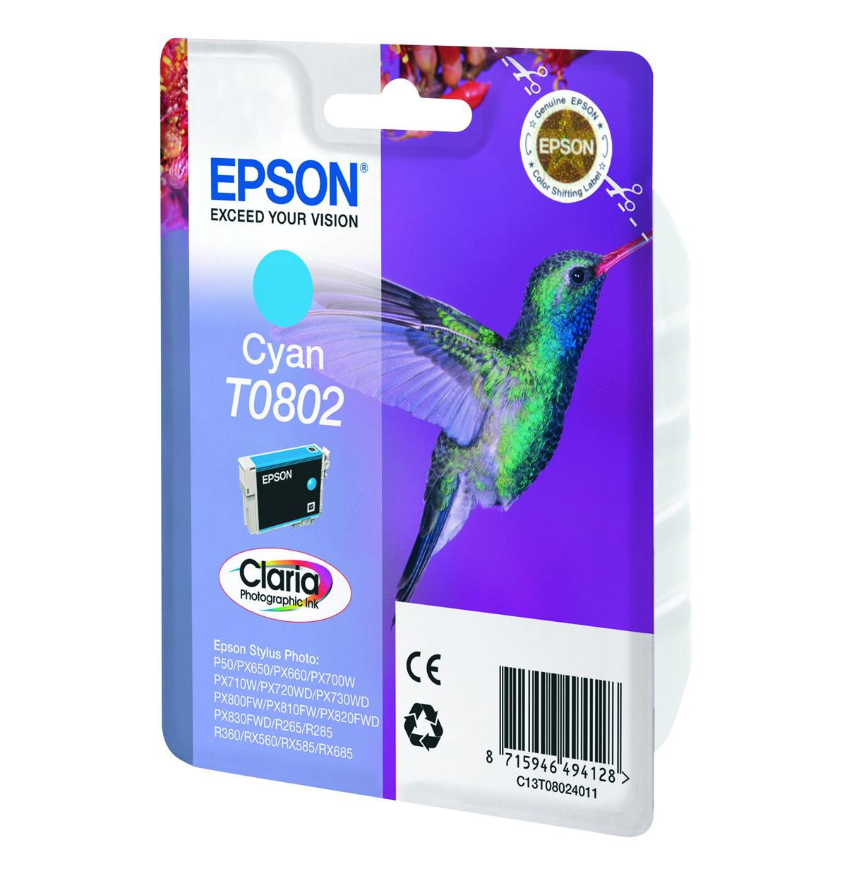 Cartuccia d'inchiostro Epson Cyan T0802 con design di colibrì e info prodotto.