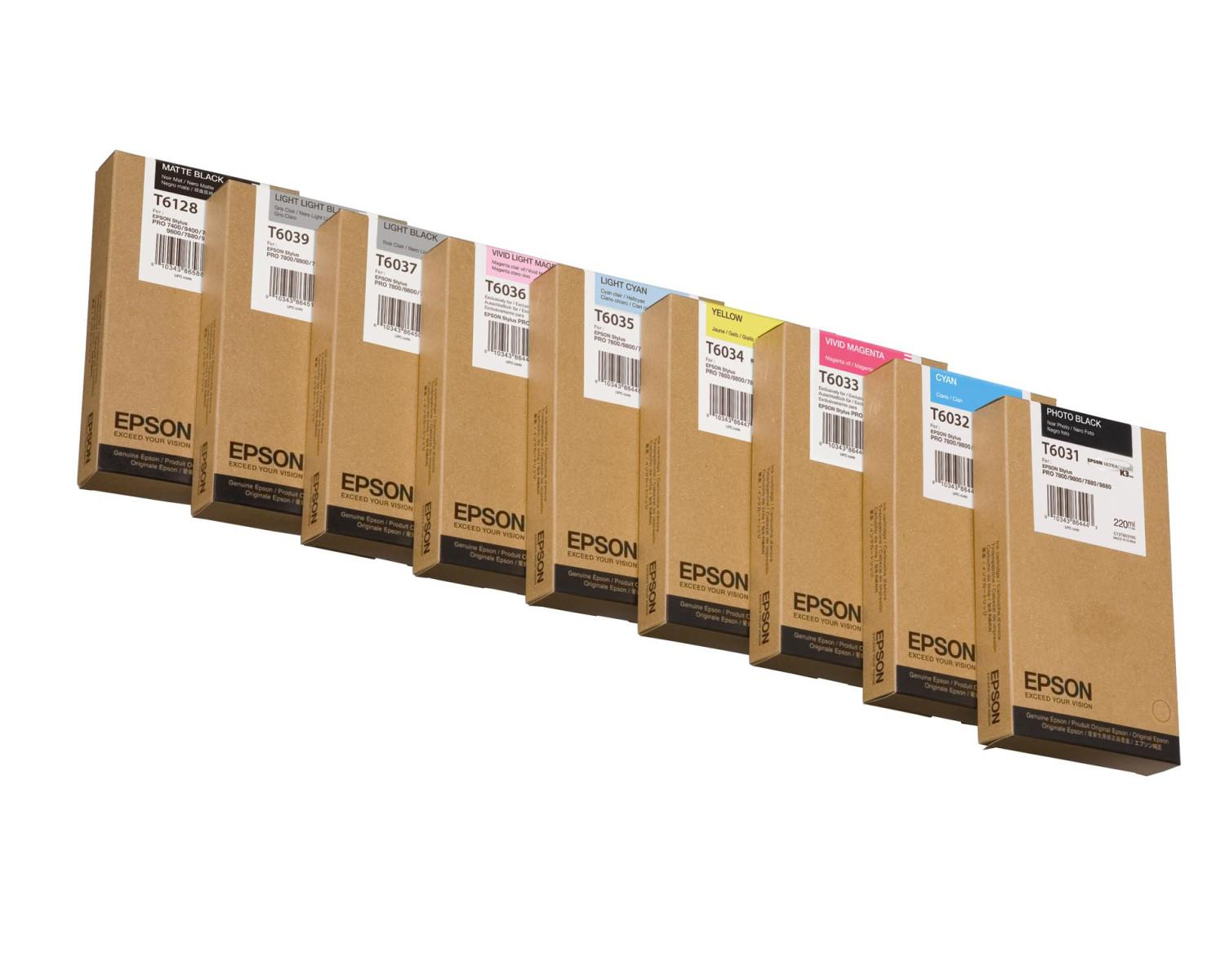 Reihe von Epson-Tintenpatronen-Verpackungen in verschiedenen Farben.