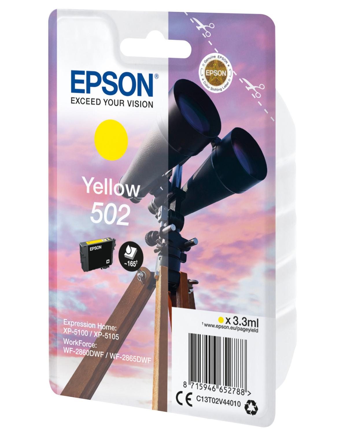 Epson 502 yellow ink cartridge with graphic of binoculars and telescope on wooden stand.