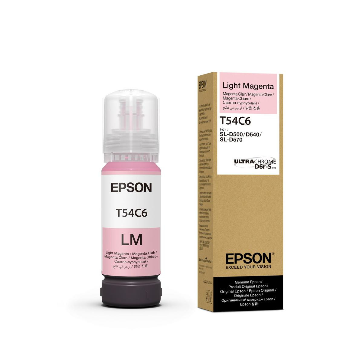 Eine Flasche hellmagentafarbener Epson T54C6 Tinte steht neben einer Verpackung.