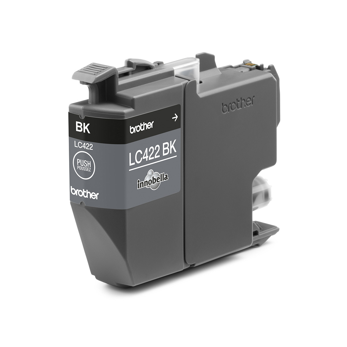 Een grijze Brother LC422 BK inktcartridge met een duwlipje.