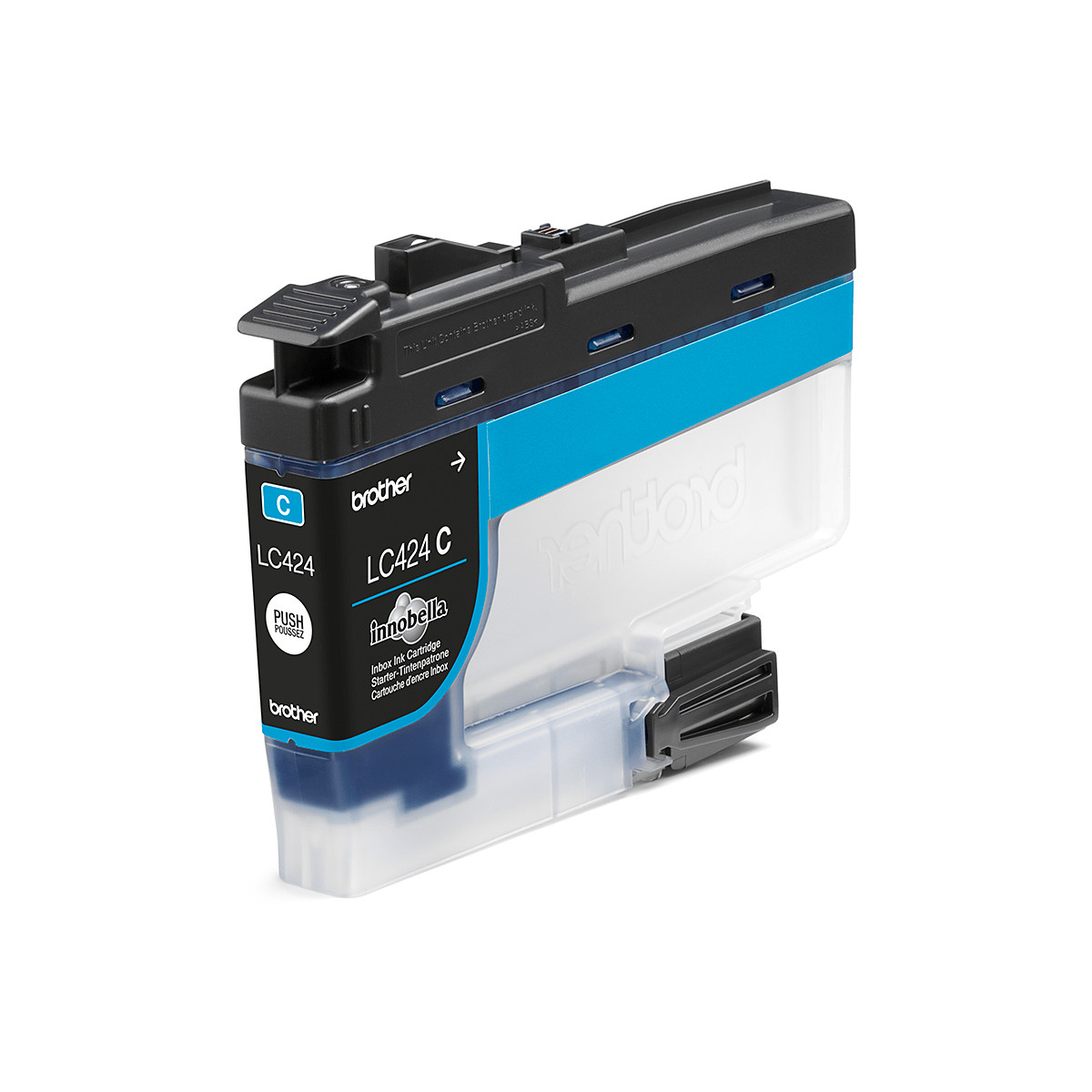 Cartuccia d'inchiostro blu Brother LC424 con meccanismo a pressione.