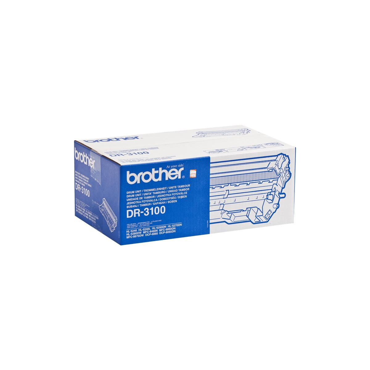 Eine Brother DR-3100 Trommeleinheit-Verpackung mit Produktinformationen und Abbildung.