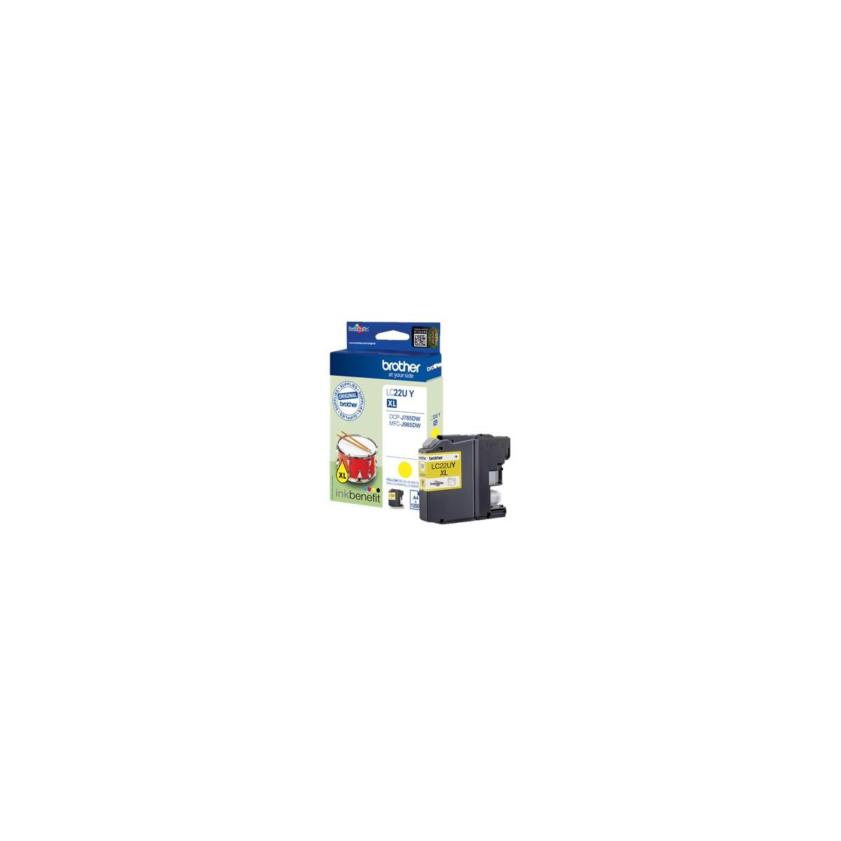 A yellow Brother LC22UY XL ink cartridge box and a cartridge.