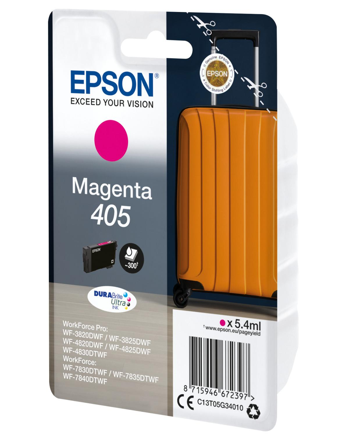Emballage d'encre Epson Magenta 405 avec illustration de valise.