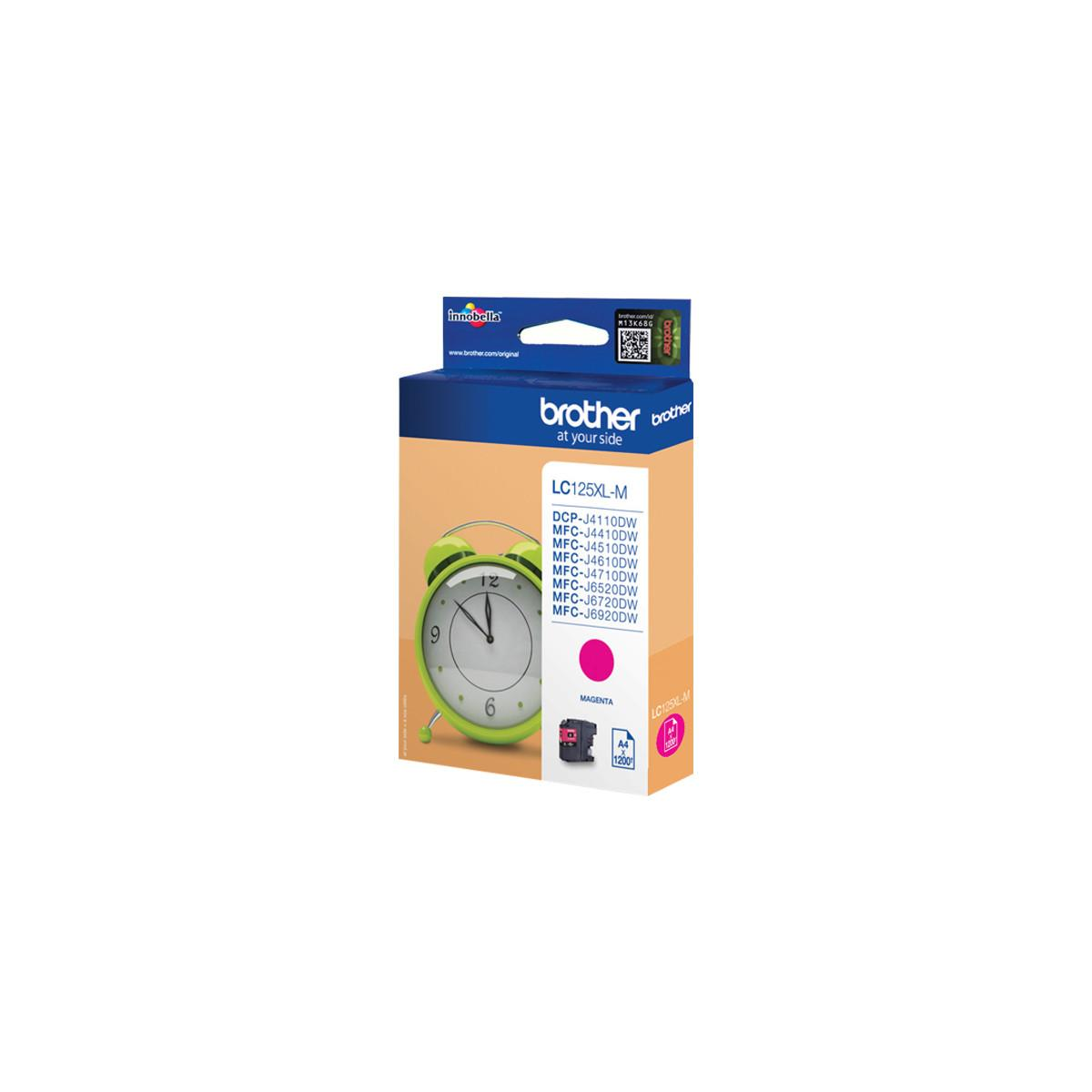 Brother LC125XL-M Magenta ink cartridge with alarm clock design on packaging.