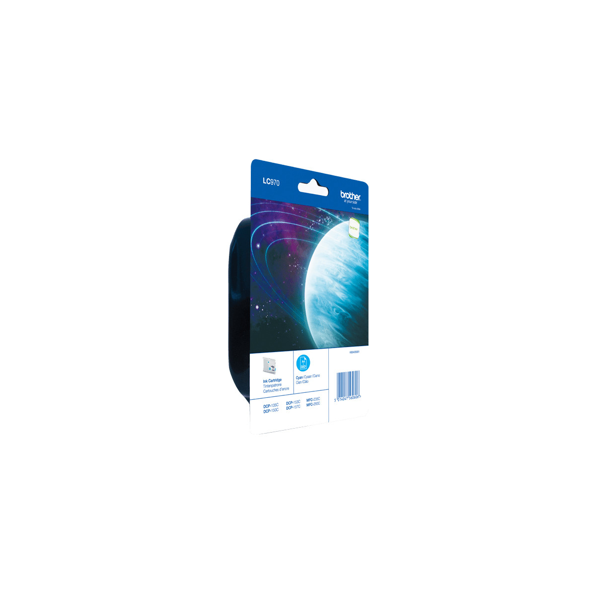 Confezione di una cartuccia d'inchiostro blu con design spaziale e logo Brother.