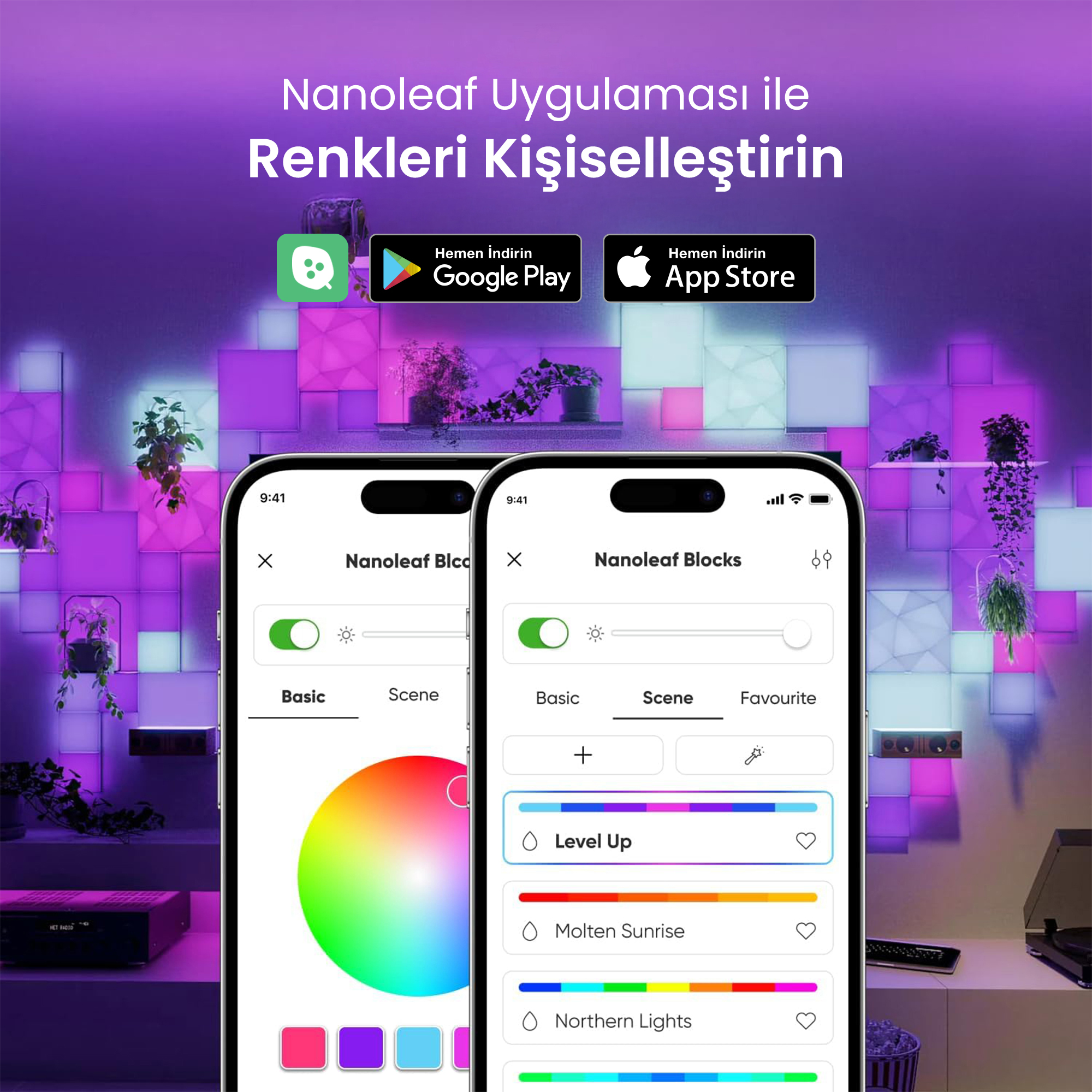 L'app Nanoleaf mostra il controllo del colore e la selezione della scena su due telefoni.