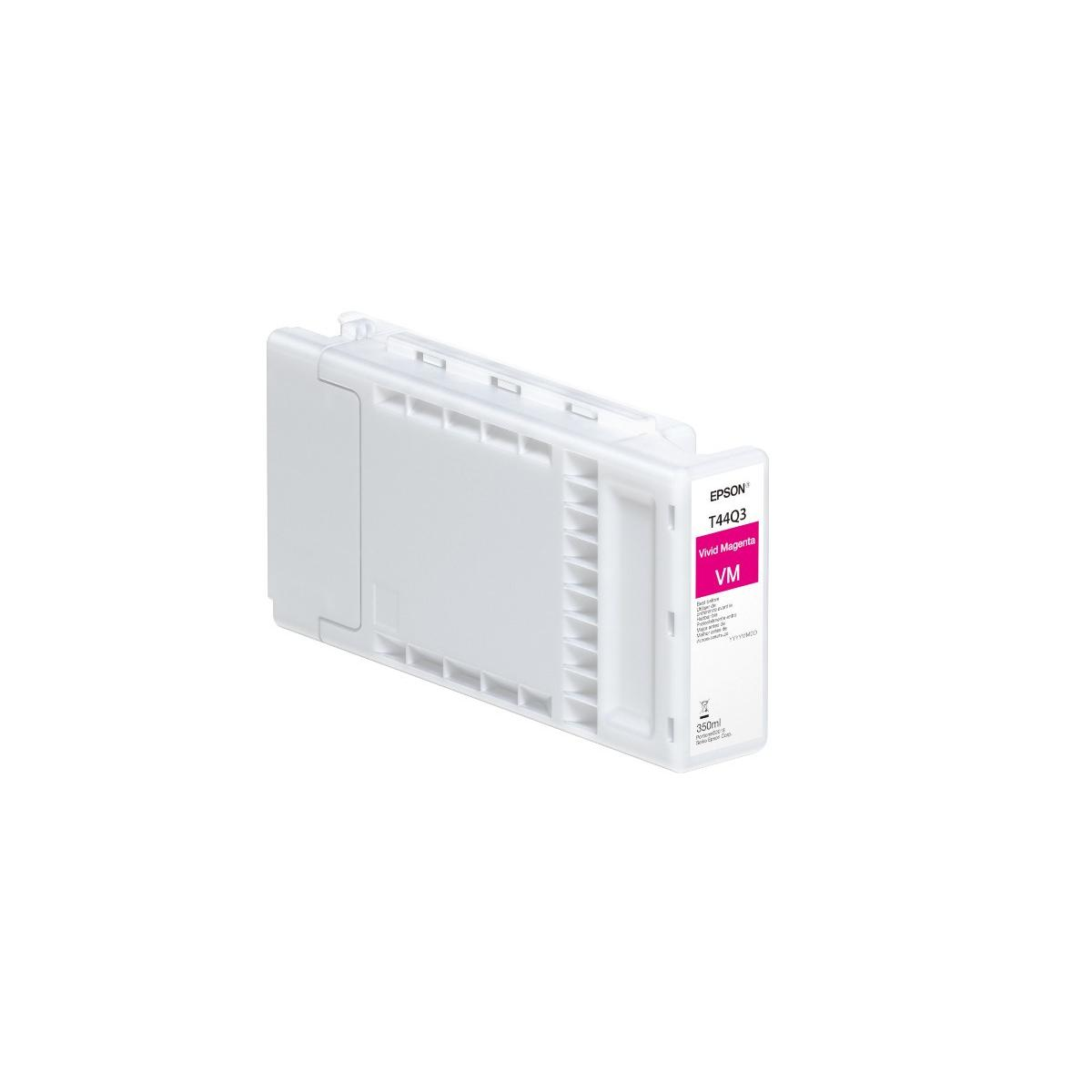 Un cartucho de tinta Epson blanco, modelo T44Q3 Vivid Magenta VM, 350ml.