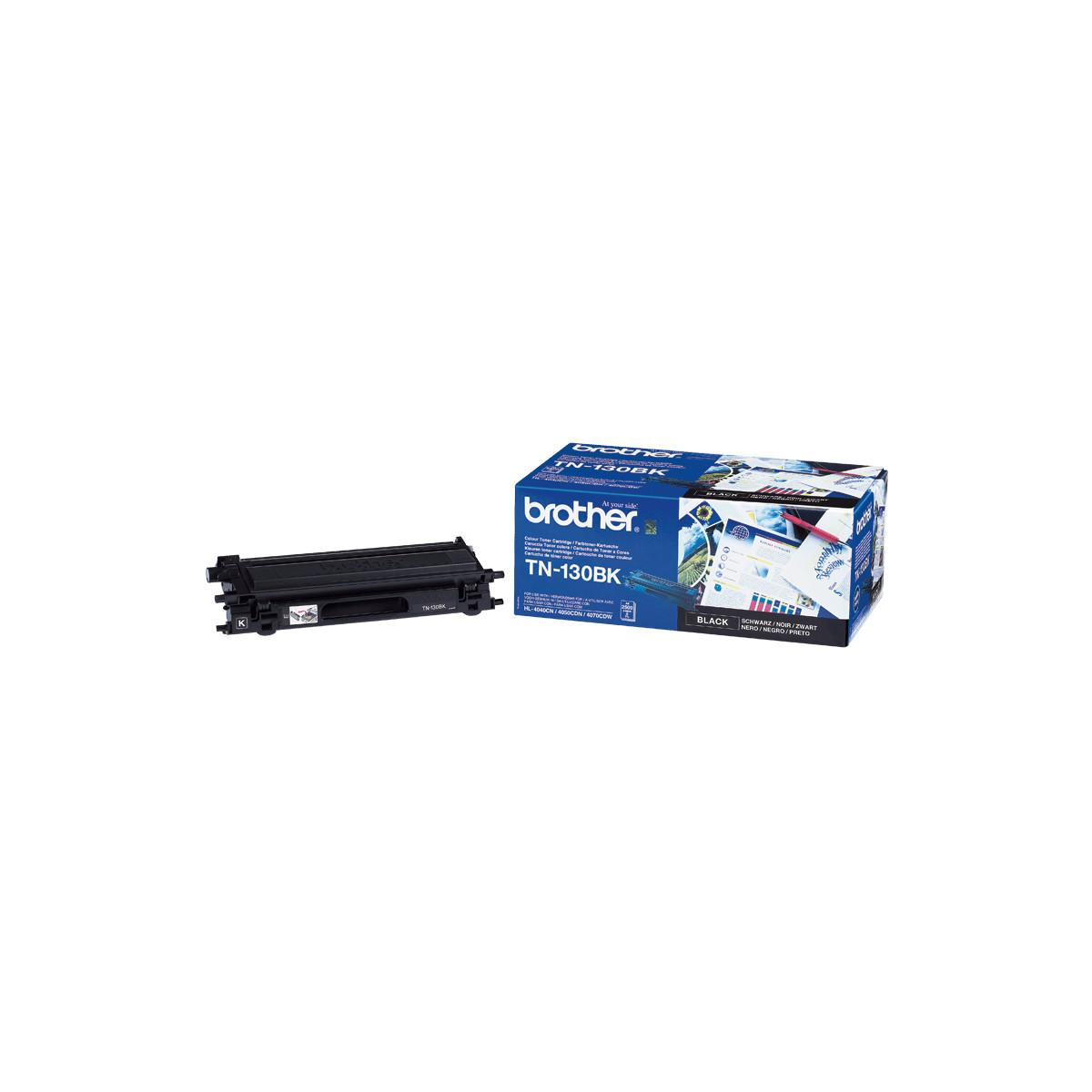 A black Brother TN-130BK toner cartridge and its box.