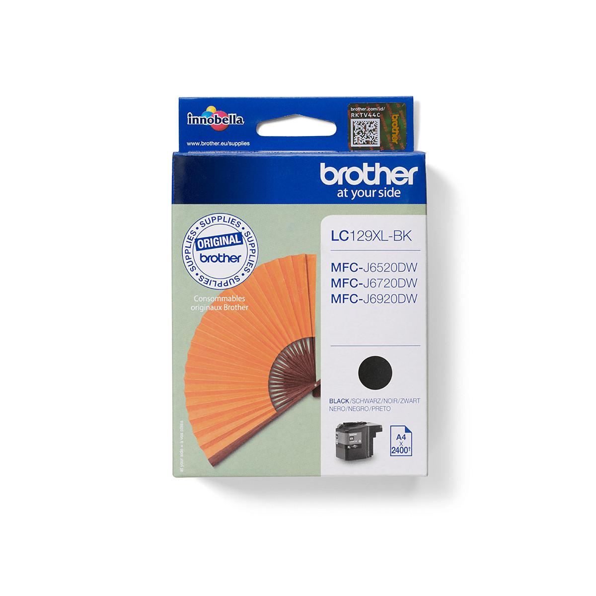 Brother LC129XL-BK ink cartridge with orange fan and printer image.