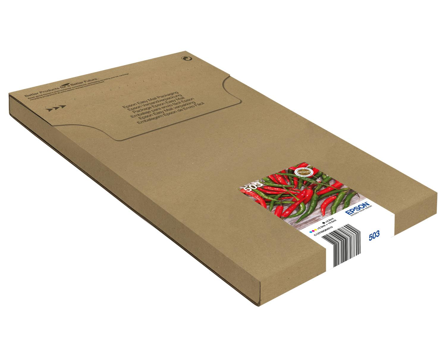 Boîte en carton marron avec piments rouges et verts et logo Epson.