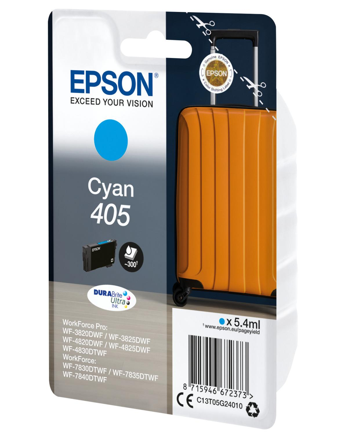 Cartouche d'encre Epson Cyan 405 avec valise orange et icône de ciseaux.