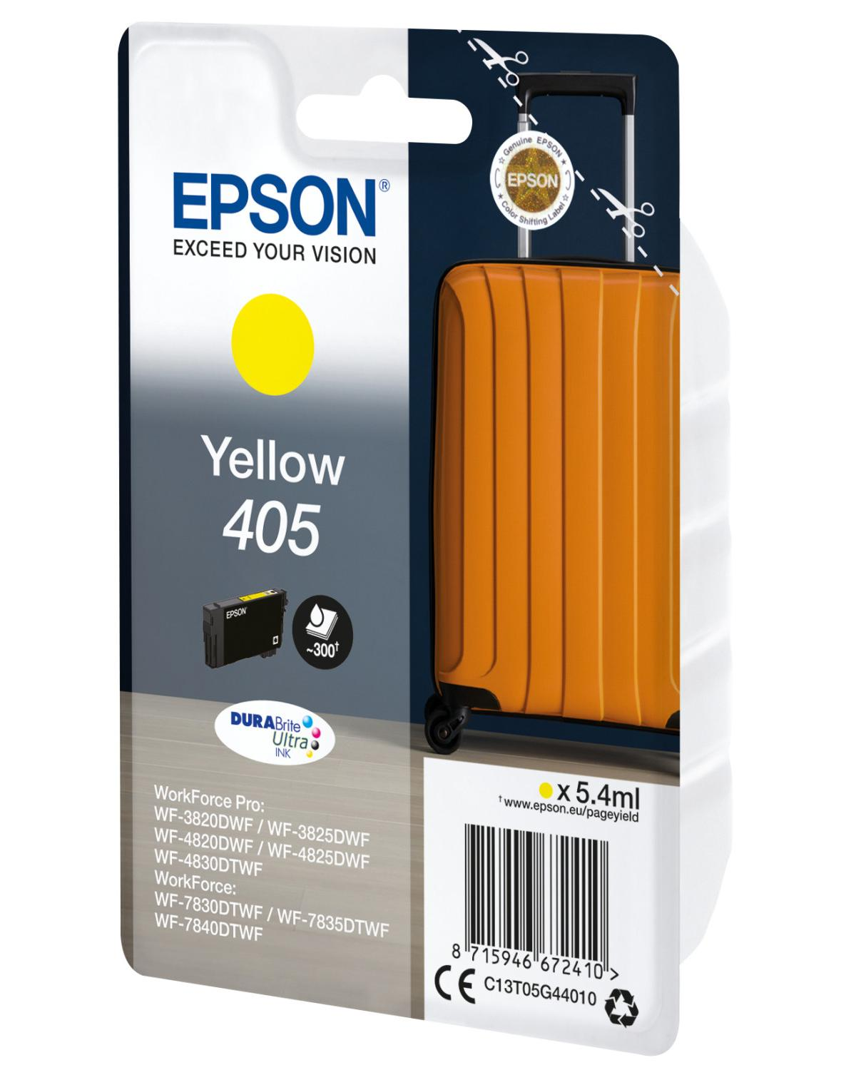 Tinta Epson 405 amarilla en embalaje con diseño de maleta.