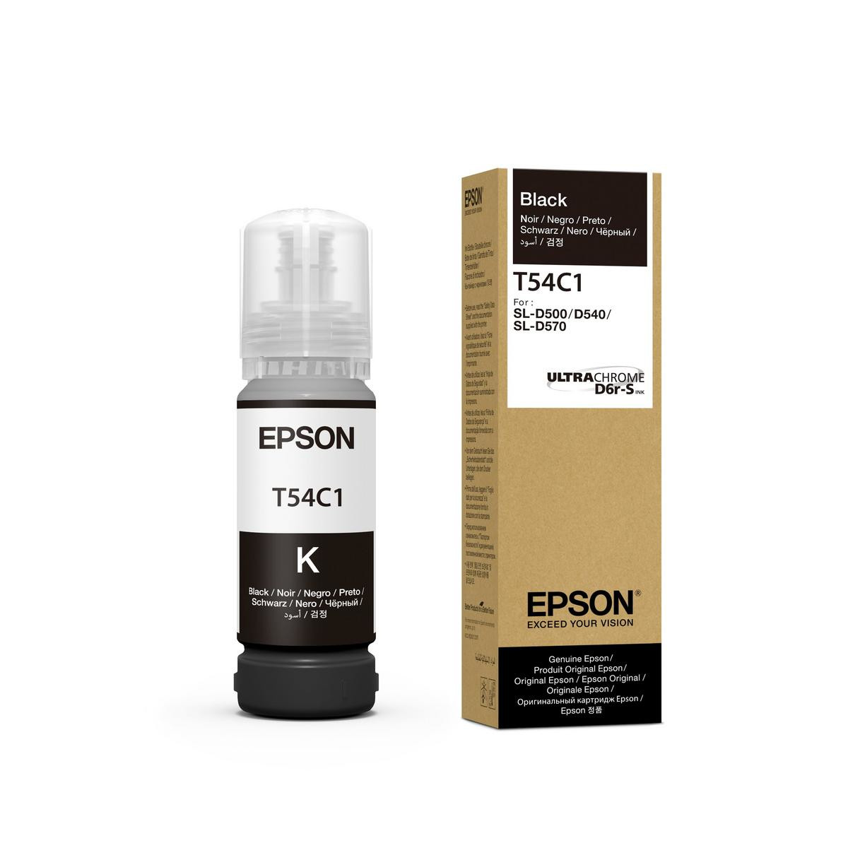 Botella de tinta negra Epson T54C1 y caja con texto.