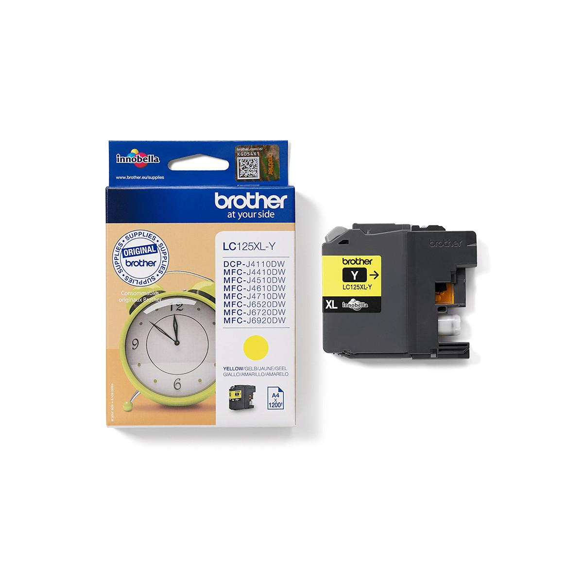 A yellow Brother ink cartridge box and one cartridge.