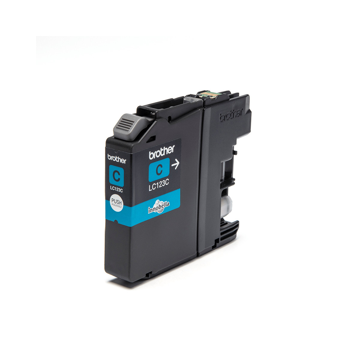 Zwarte Brother LC123C inktcartridge met blauw label en tekst.