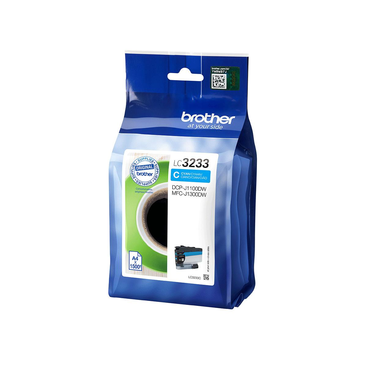 Brother LC3233 Cyan ink cartridge packaging with printer details.