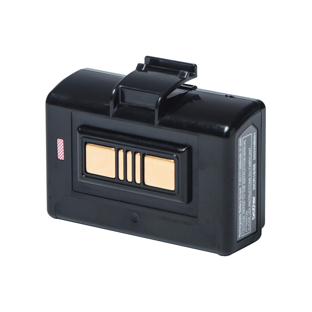 Batteria ricaricabile nera con contatti dorati, logo Brother e specifiche.